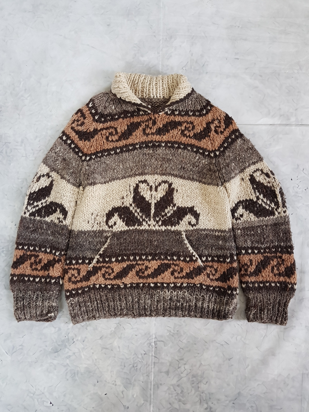 Vintage Patterned Shawl Collar Wool Blend Sweater - Brown/Cream